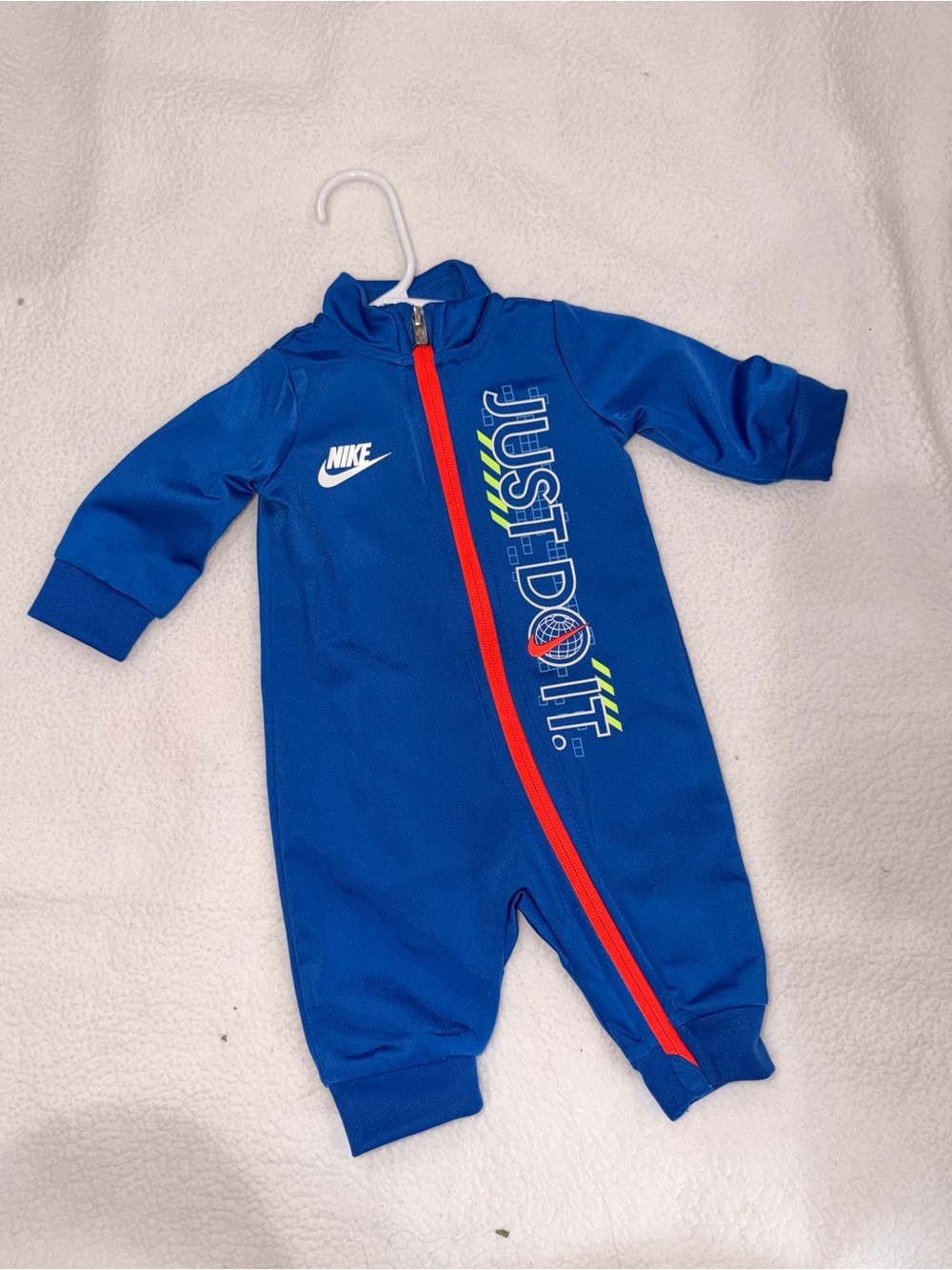 Nike Blue 'Just Do It' Kids One-Piece Footie with Red Zipper